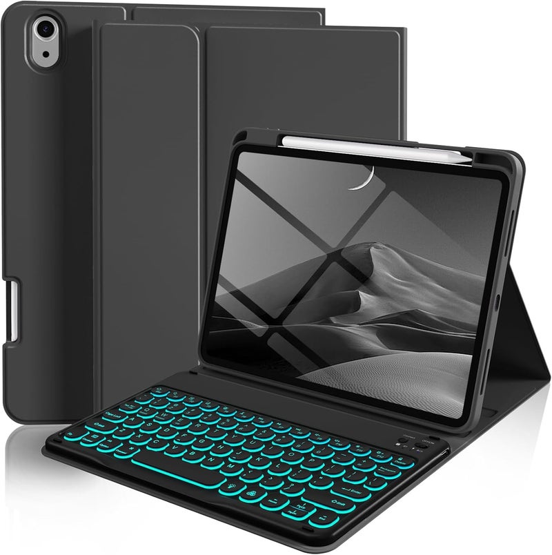 kenke for iPad 11/10th Gen Case with Keyboard 11/10.9 inch 2025 A16/2022, Detachable Wireless Upgrade 1 Step BT Connection with Right Side Pencil Holder, Backlit Black Round Keycaps (Black - Image 1